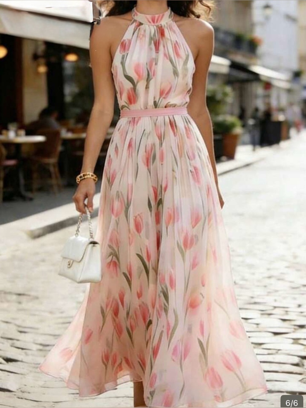 Elegant Pink Floral Halter Maxi Dress